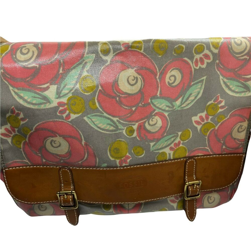 Fossil Messenger Bag SHB1097 Womens Multicolor Coated Canvas Floral Leather Trim